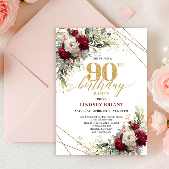 Invitation anniversaire 90 ans Merlot Floral Gold  (Timeless Merlot Floral Gold 90th Birthday Invitation)