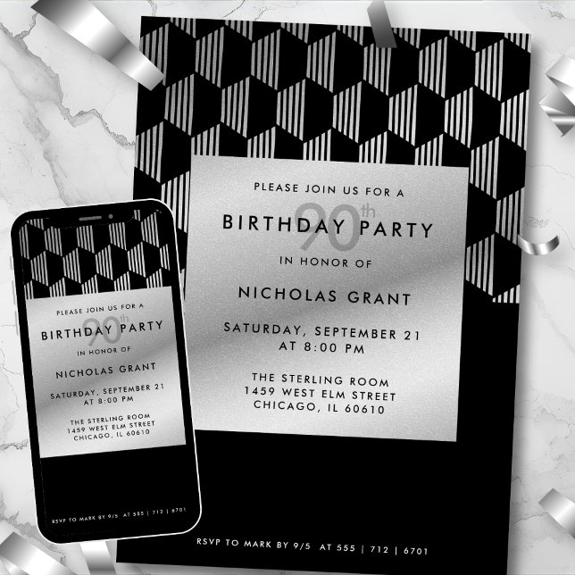 Invitation Anniversaire 90 ans Moderne Noir Faux Feuille d'Ar (Créateur téléchargé)