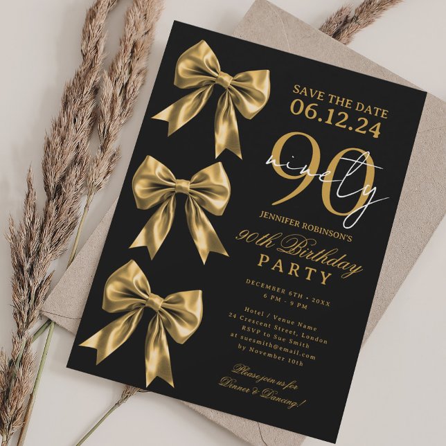 Invitation Anniversaire 90 Ans Noir Ruban Coquette (Gold Coquette Bow Save Date 90th Birthday Black Invitation)
