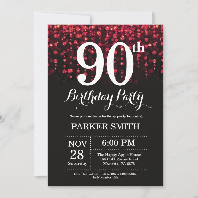Invitation Anniversaire 90 Ans Paillettes Rouges (Devant)