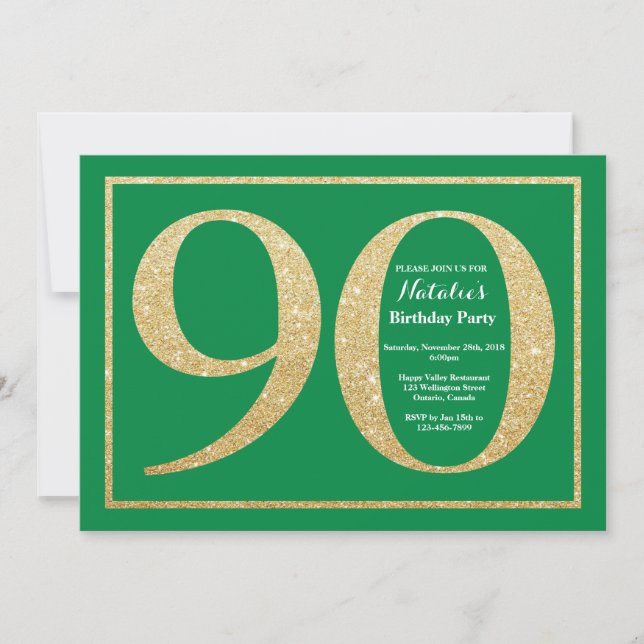 Invitation Anniversaire 90 ans paillettes vertes et or (Devant)