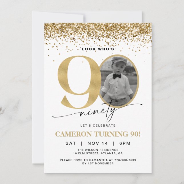 Invitation anniversaire 90 ans photo moderne paill (Devant)