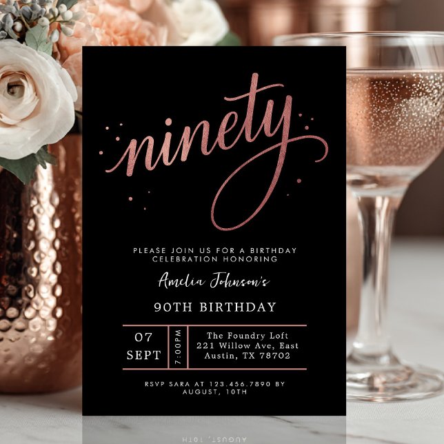 Invitation Anniversaire 90 ans Rose Gold Élégant (Ninety and radiant ✨ Celebrate a lifetime of elegance with this rose gold birthday invite.)