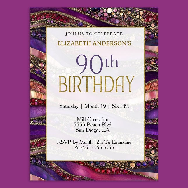 Invitation Anniversaire 90 Ans Strata Violet Or Bijou Moderne (Luxury purple and gold 90th birthday invitation with jeweled marble design and elegant style.
)