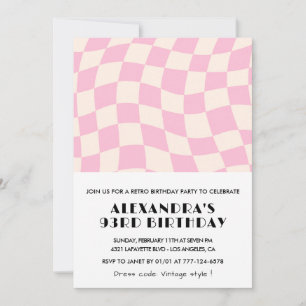 Invitation Anniversaire 93 ans à carreaux rose rétro vintage