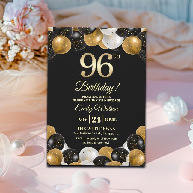 Invitation Anniversaire 96 ans paillettes noir élégant  (Créateur téléchargé)