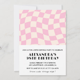 Invitation Anniversaire 98 ans à carreaux rose vintage rétro