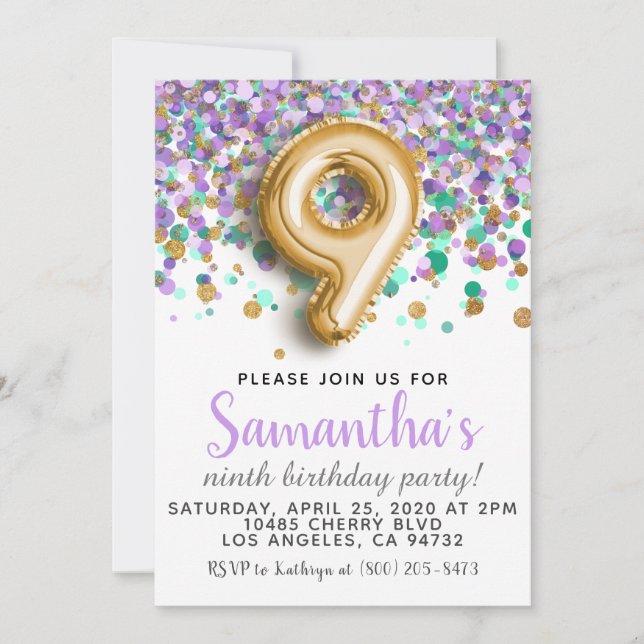Invitation anniversaire 9 ans confettis (Devant)