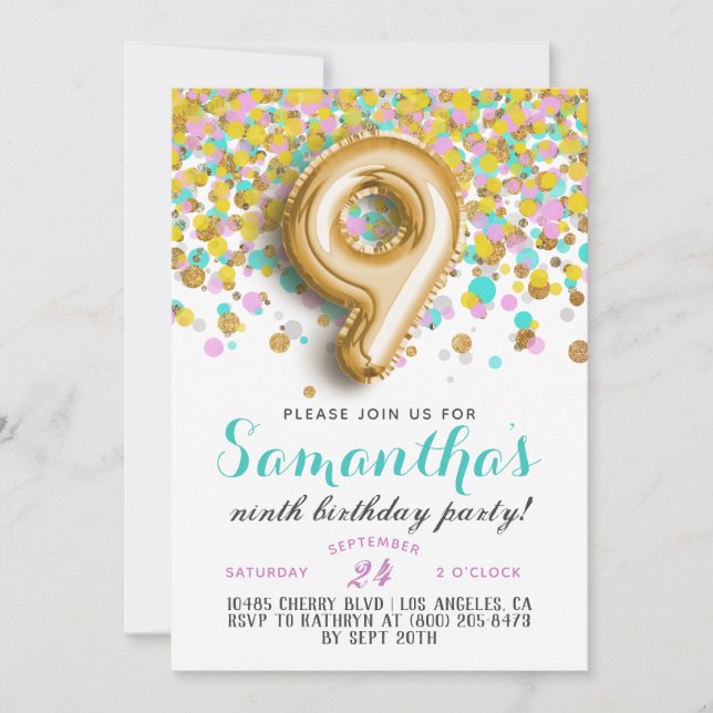 Invitation anniversaire 9 ans confettis (Devant)