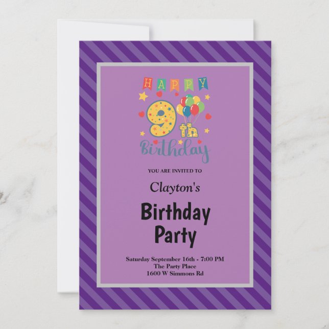 Invitation anniversaire 9 ans encadrée de rayures  (Devant)