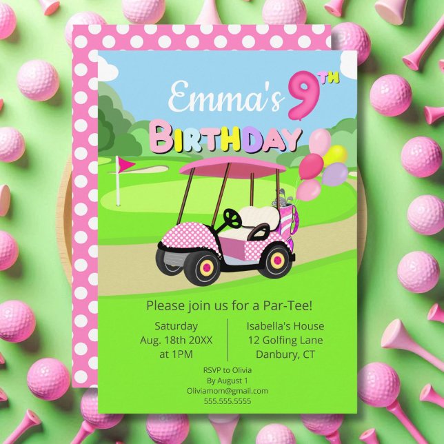 Invitation anniversaire 9 ans pois rose fille golf (Créateur téléchargé)