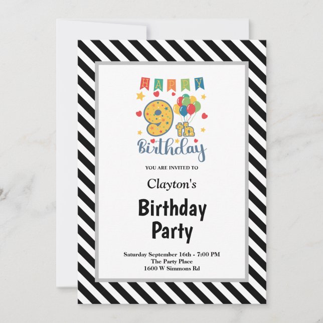 Invitation anniversaire 9 ans thème rayures noir e (Devant)