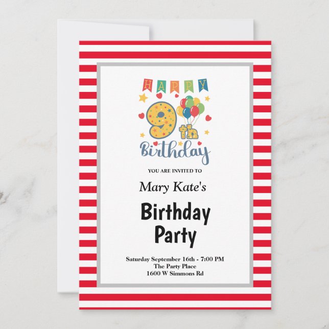 Invitation anniversaire 9 ans thème rayures rouges (Devant)