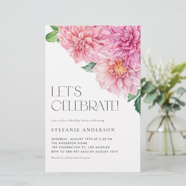 Invitation anniversaire à aquarelle avec dahlia ro (Debout devant)