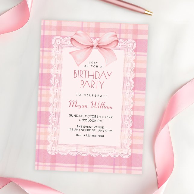 Invitation Anniversaire à carreaux avec noeud rose (Créateur téléchargé)