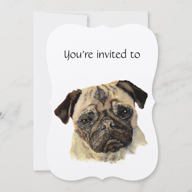 Invitation Anniversaire à date personnalisée Chien Pug aquare (Devant)