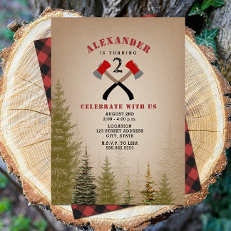 Invitation Anniversaire à feuillage persistant de bison Plaid