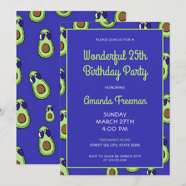 Invitation Anniversaire à motif de cartoon d'avocat vert et b (Devant / Derrière)