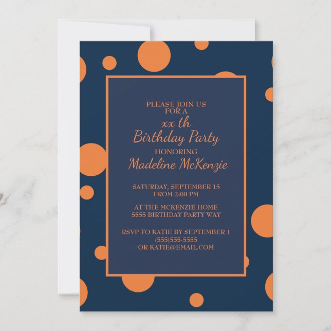 Invitation anniversaire à pois bleu marine Orange (Devant)