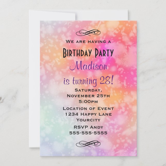 Invitation Anniversaire Abstrait Aquarelle Rose et Orange (Devant)