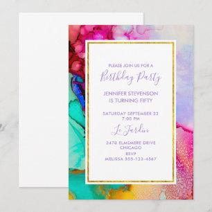 Invitation Anniversaire Abstrait Aquarelle Rose et Turquoise