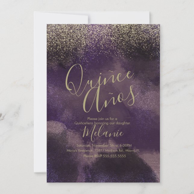 Invitation Anniversaire Abstrait Or Violet Faux Paillettes Qu (Devant)