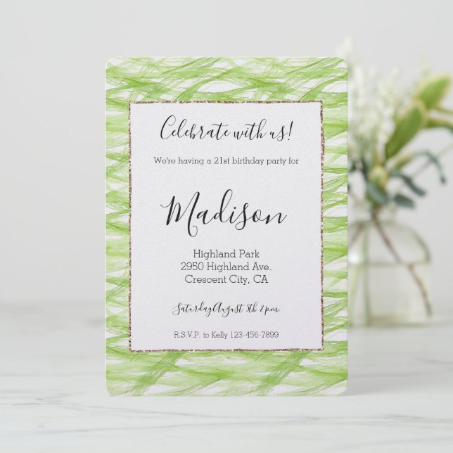 Invitation Anniversaire Abstrait Vert Citron (Debout devant)