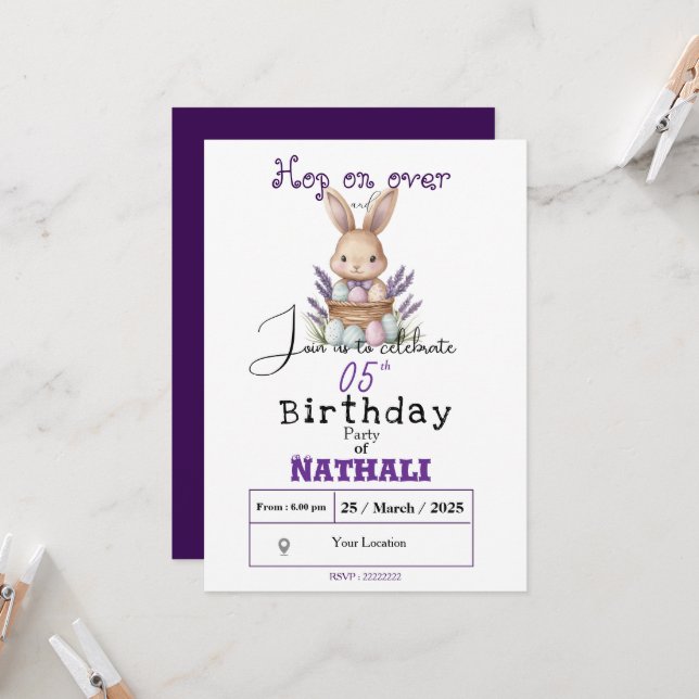 Invitation Anniversaire adorable à thème lapin (Devant/Arrière en situation)