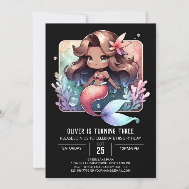 Invitation Anniversaire adorable de sirène océanique (Devant)
