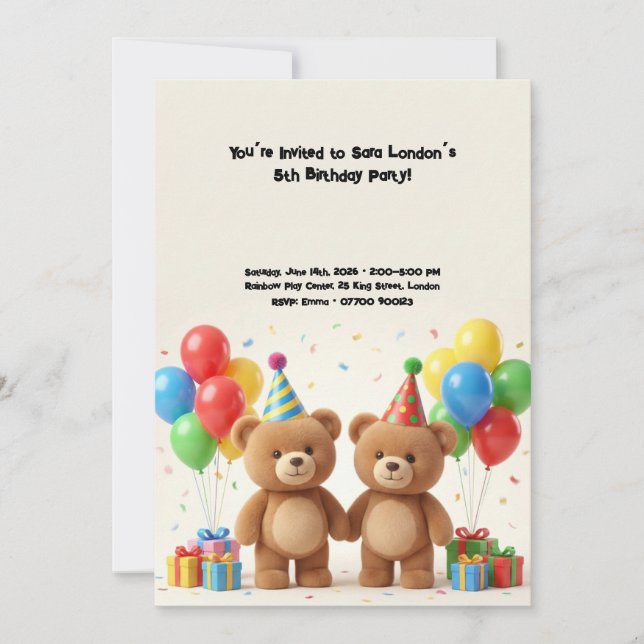 Invitation Anniversaire Adorable Ours en Peluche  (Devant)