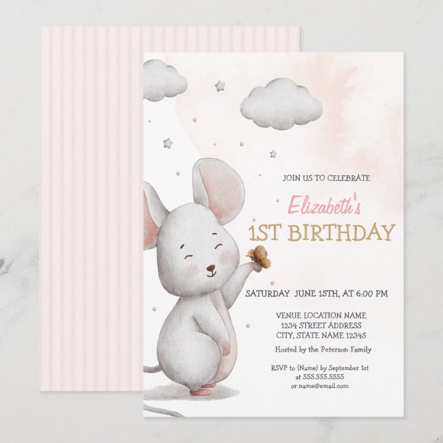 Invitation Anniversaire Adorable Souris Mignonne Rayée (Devant / Derrière)