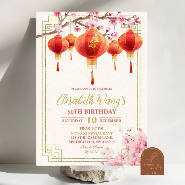Invitation Anniversaire adulte blanc en fleurs chinoises (Créateur téléchargé)