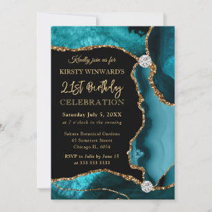 Invitation Anniversaire Agate Fausse Brillante Sarcelle et Or