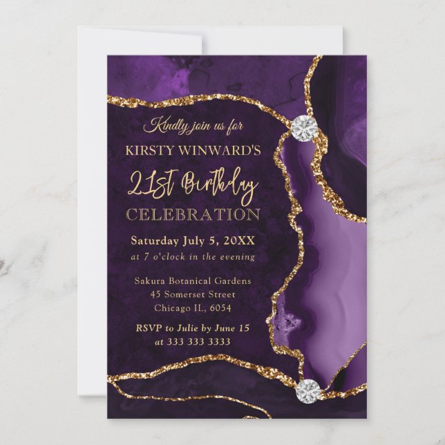 Invitation Anniversaire Agate Fausse Brillante Violet et Or (Devant)