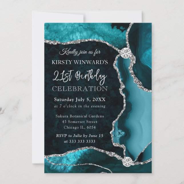 Invitation Anniversaire Agate Fausse Pailletée Bleu Vert et A (Devant)