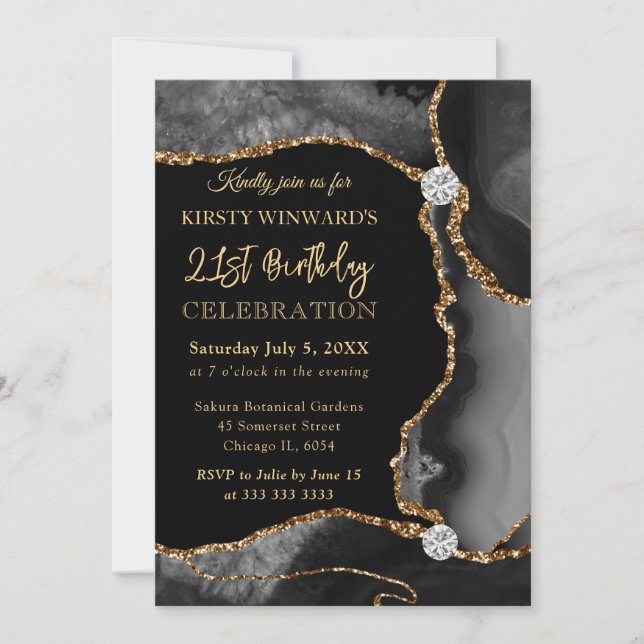 Invitation Anniversaire Agate Fausse Pailletée Noir et Or (Devant)