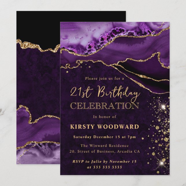 Invitation Anniversaire Agate Pailleté Violet et Or (Devant / Derrière)