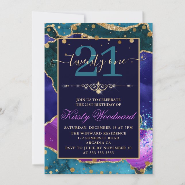 Invitation Anniversaire Agate Pailletée Or Rose Violet et Sar (Devant)