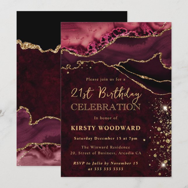 Invitation Anniversaire Agate Pailletée Rouge et Or (Devant / Derrière)