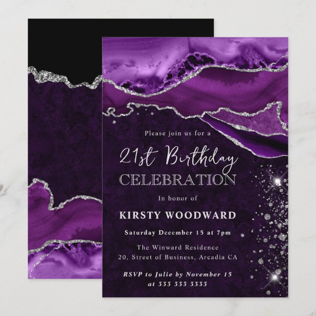 Invitation Anniversaire Agate Pailletée Violet et Argent (Devant / Derrière)
