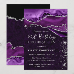 Invitation Anniversaire Agate Pailletée Violet et Argent