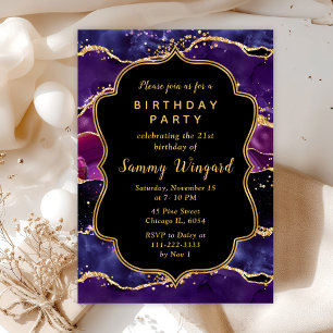 Invitation Anniversaire Agate Sequins Or et Violet Foncé