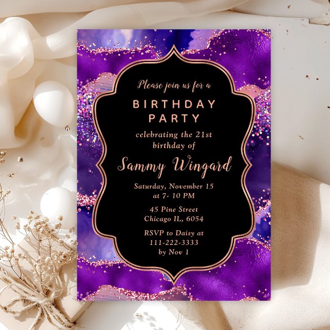 Invitation Anniversaire Agate Violet foncé et Sequins Roses (Créateur téléchargé)