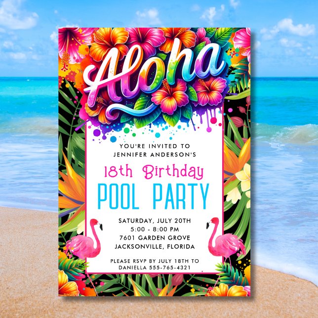 Invitation Anniversaire Aloha Flamant Tropical Fêt (Créateur téléchargé)