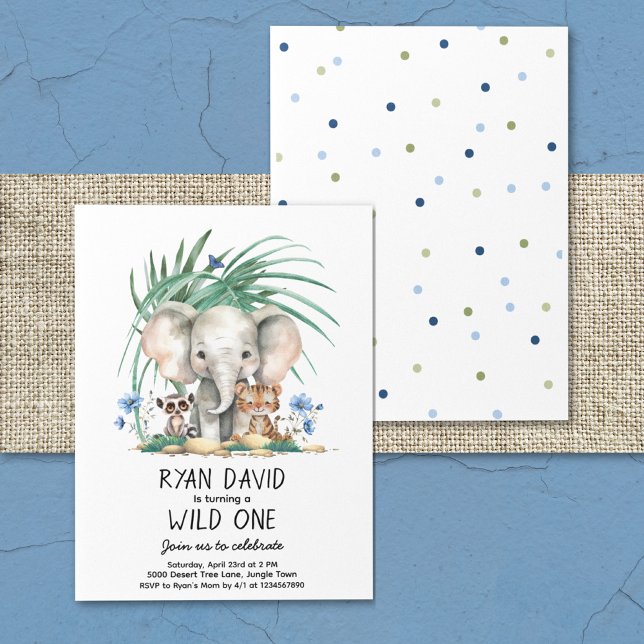 Invitation Anniversaire animal sauvage d'une Jungle (Safari Jungle Zoo Animals Watercolor Elephant Monkey Tiger Blue Flowers Tropical Greenery Wild One)