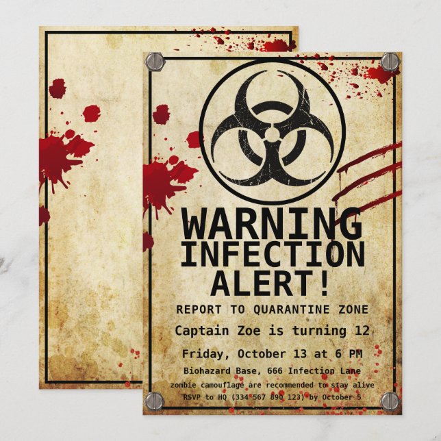 Invitation Anniversaire Apocalypse Zombie | Biohazard Hallowe (Devant / Derrière)