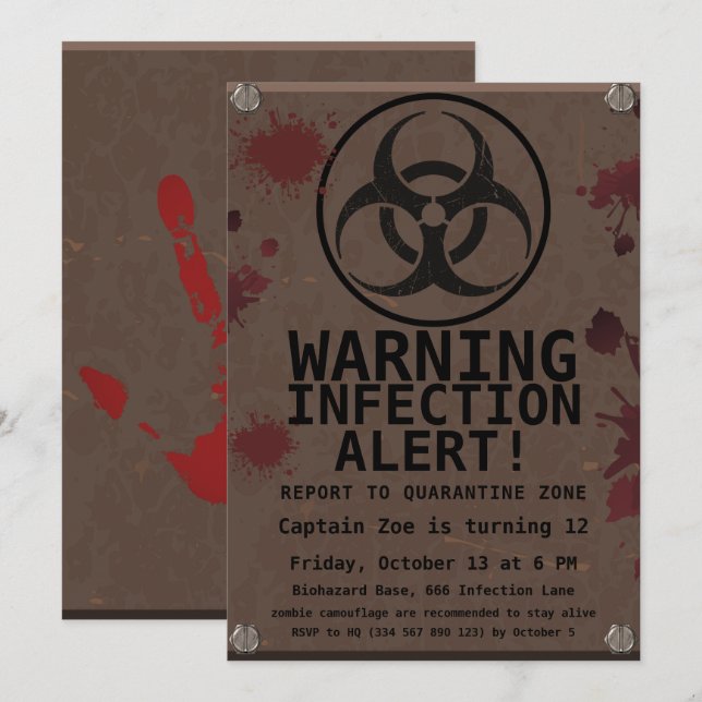 Invitation Anniversaire Apocalypse Zombie | Biohazard Hallowe (Devant / Derrière)