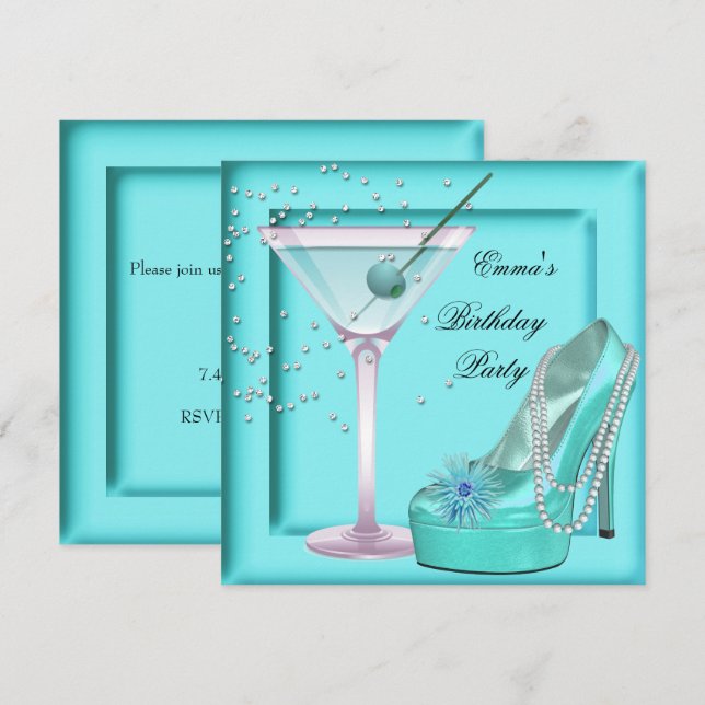 Invitation Anniversaire Aqua Turquoise Blue Turquoise Martini (Devant / Derrière)