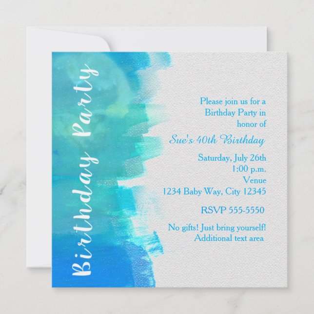 Invitation Anniversaire Aquarelle Bleu Tropicale (Devant)