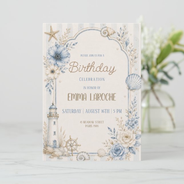 Invitation anniversaire aquarelle florale bleue cô (Debout devant)